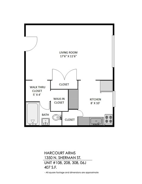A floor plan of a one bedroom apartment with a living room, kitchen and bath.